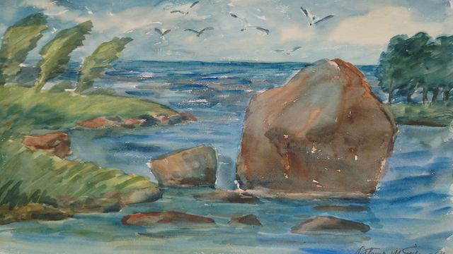 Tammion itäpuolen rantaniitty, akvarelli, Ortamo M